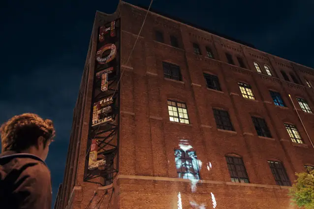 Kanye projected onto the Wythe Hotel at Wythe and N.11 in Williamsburg
